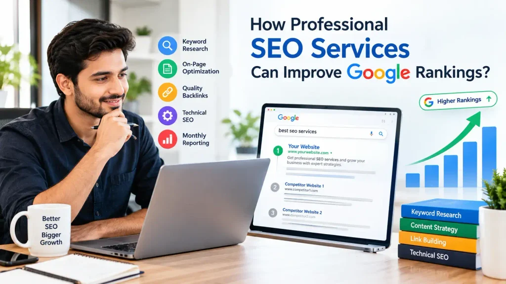 SEO expert analyzing Google search rankings growth with professional SEO services